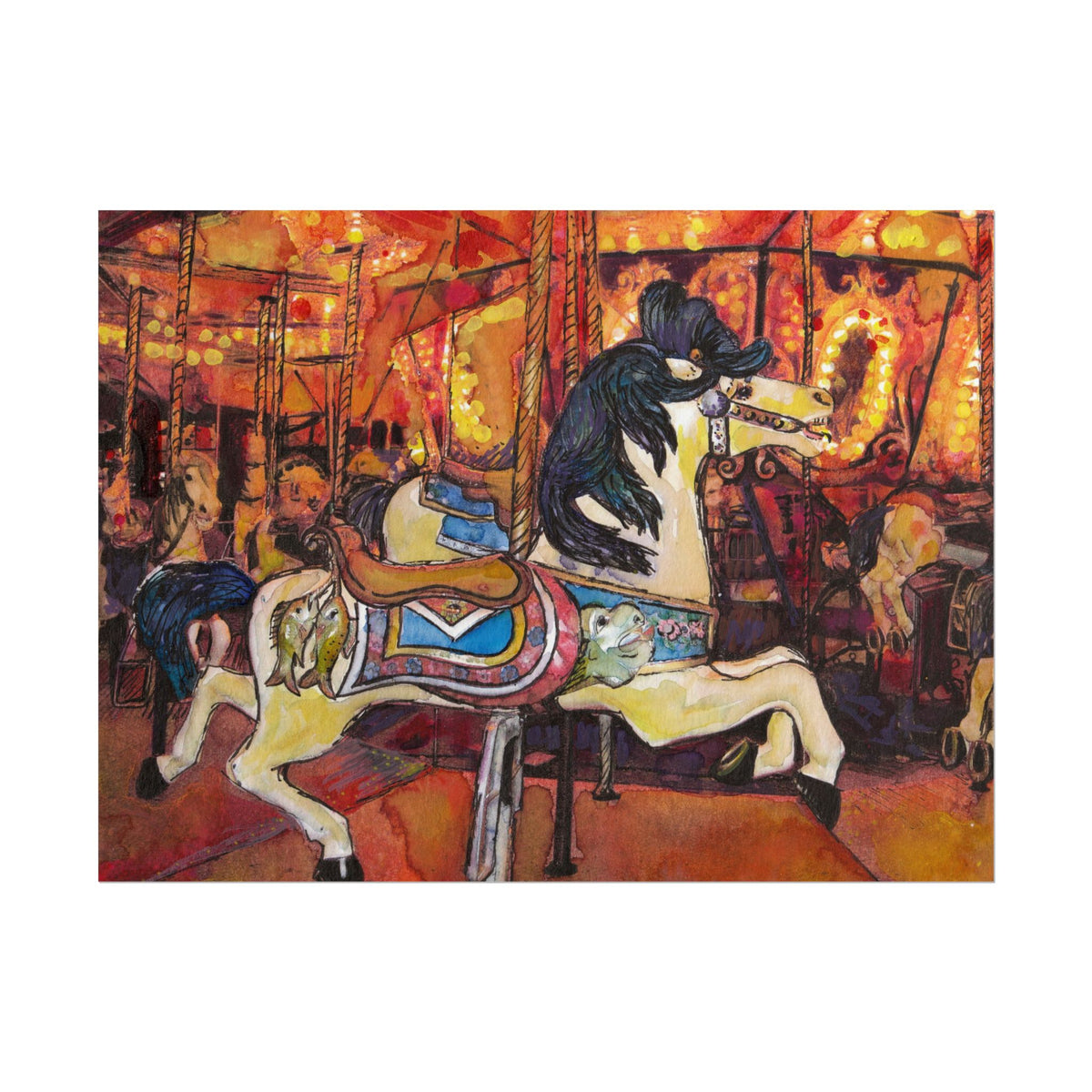 Merry Go Round Watercolor Poster, White Carousel Horse Wall Art, Carnival Ride Print, Colorful Nursery Decor, Kids Room Art