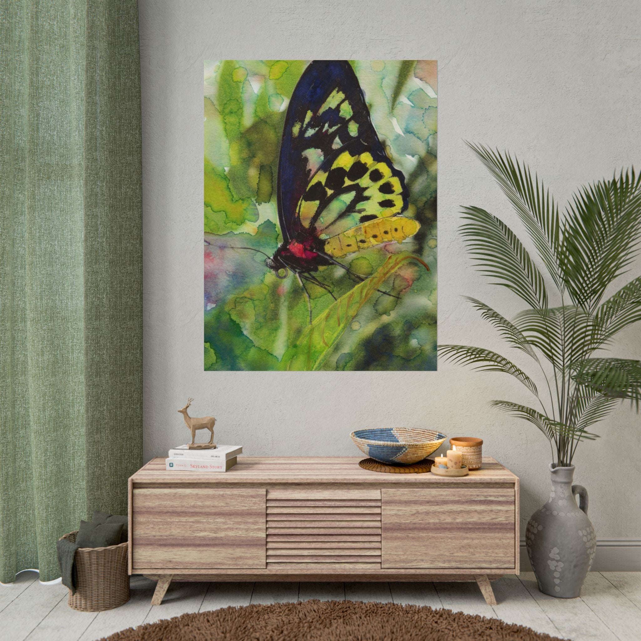 Butterfly Watercolor Wall Art, Colorful Butterfly Poster, Botanical Nature Art Print, Green Garden Wall Decor, Cottagecore Artwork
