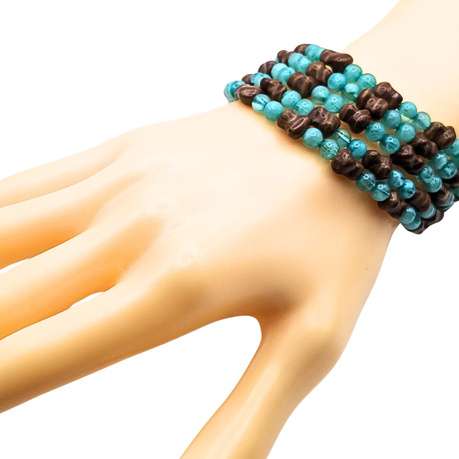 Light Blue And Brown Beaded Cuff Bracelet image 1