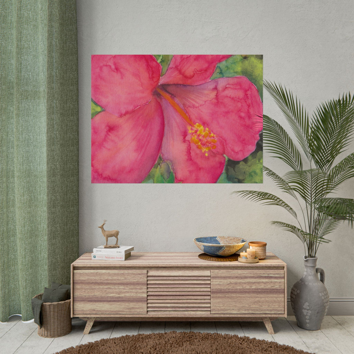 Pink Hibiscus Watercolor Art Print, Tropical Flower Wall Art, Pink Floral Botanical Poster, Vibrant Nature Artwork, Fine Art Decor