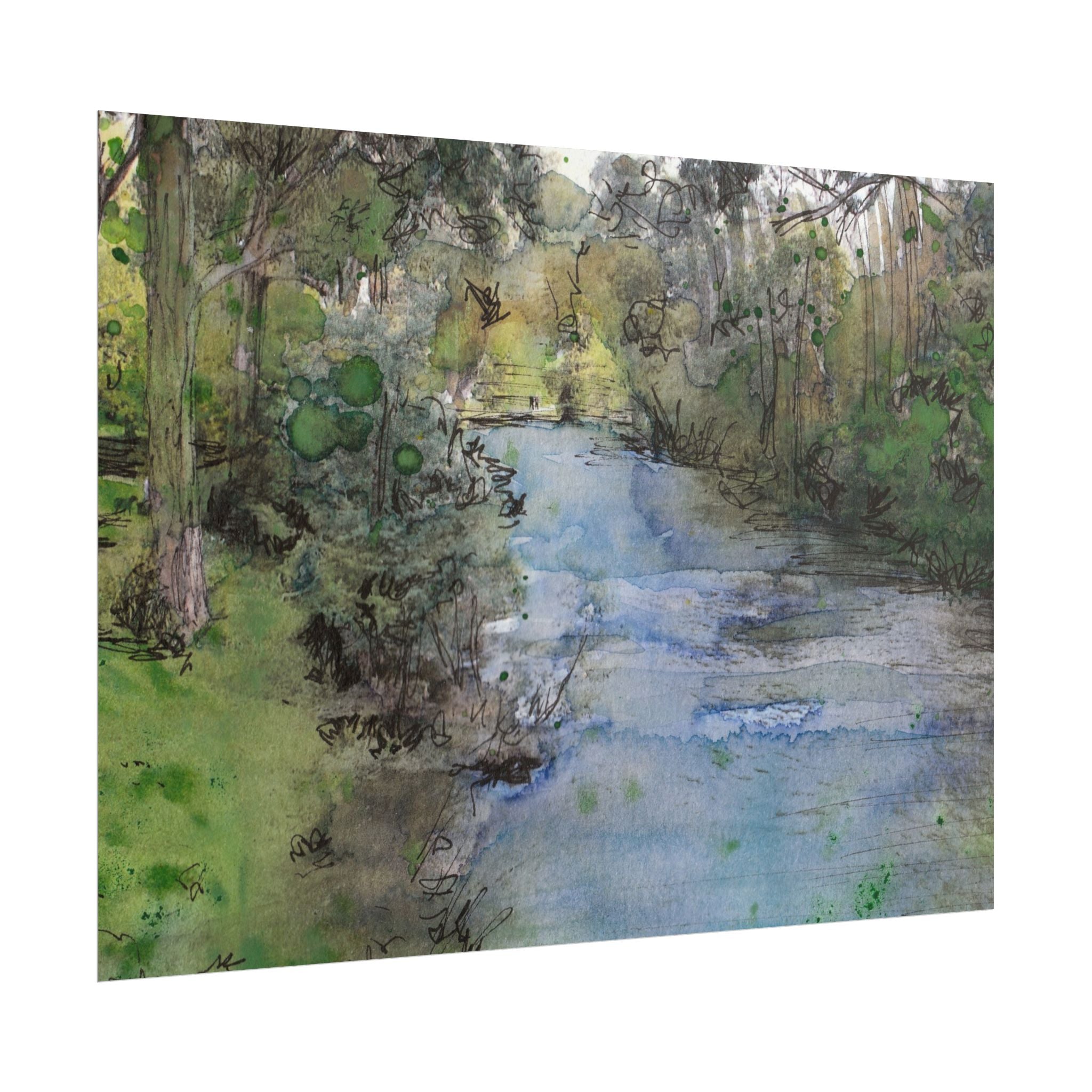 Abstract River Landscape Wall Art, Watercolor Forest River Poster, Contemporary Nature Art Print, Woodland Landscape Wall Decor