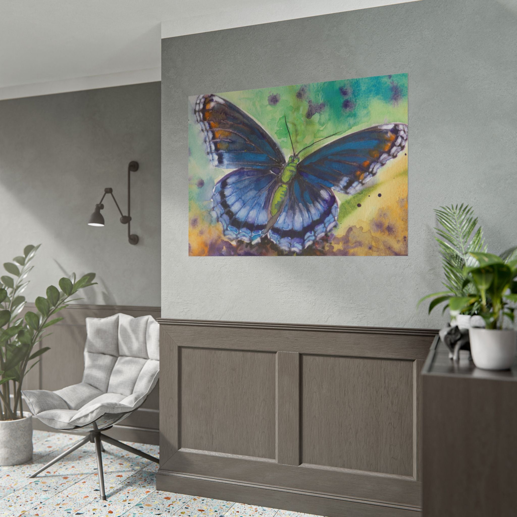 Blue Butterfly Wall Art, Watercolor Butterfly Poster, Blue Butterfly Art Print, Botanical Nature Wall Decor, Colorful Garden Artwork
