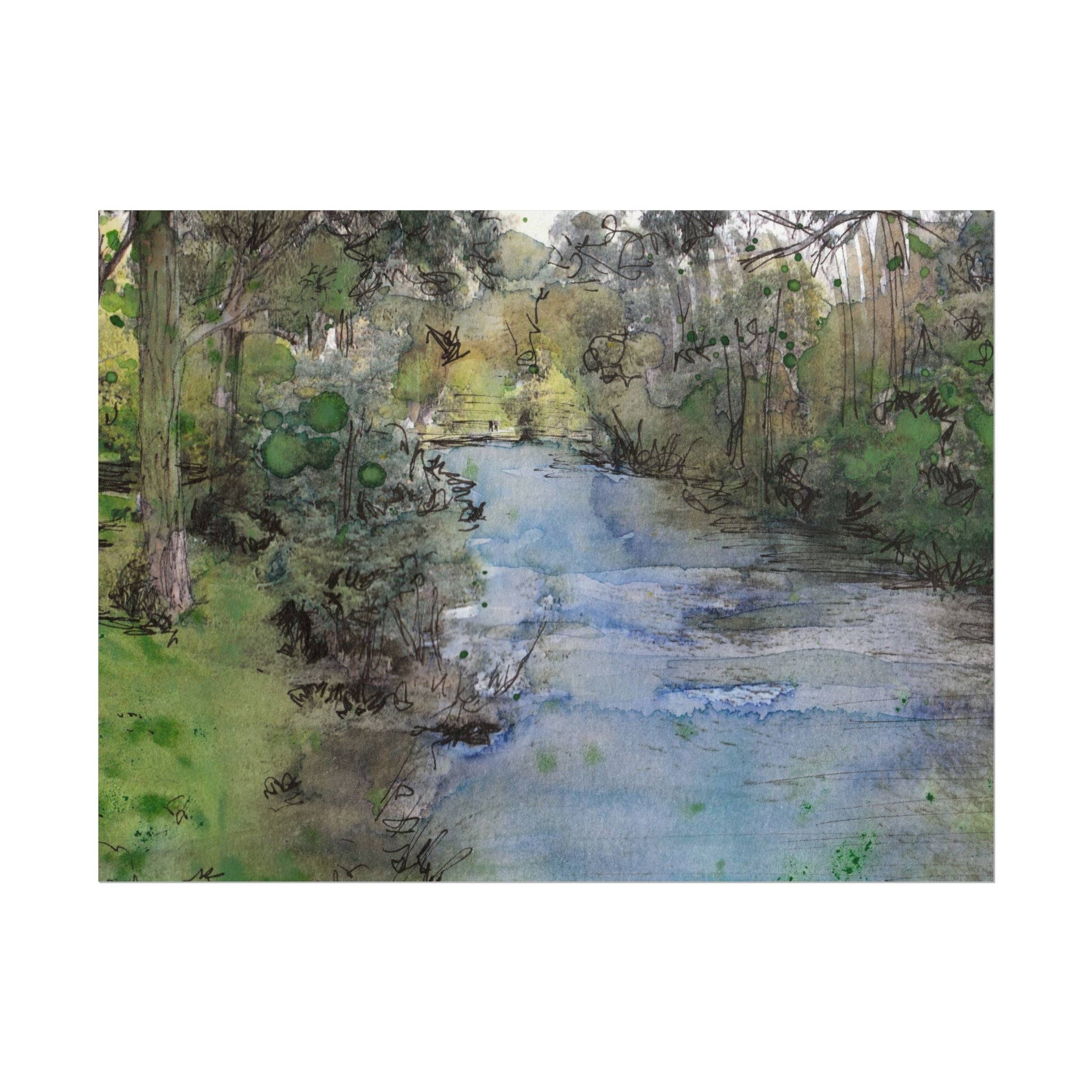 Abstract River Landscape Wall Art, Watercolor Forest River Poster, Contemporary Nature Art Print, Woodland Landscape Wall Decor