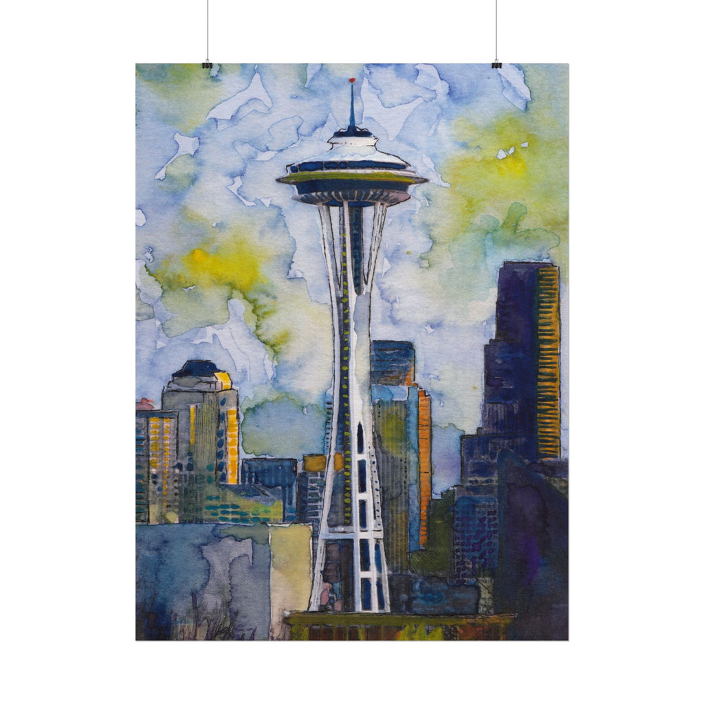 Seattle Space Needle Watercolor Poster, Seattle Wall Art, Pacific Northwest Cityscape Print, Stormy Seattle Skyline Art, Travel Gift