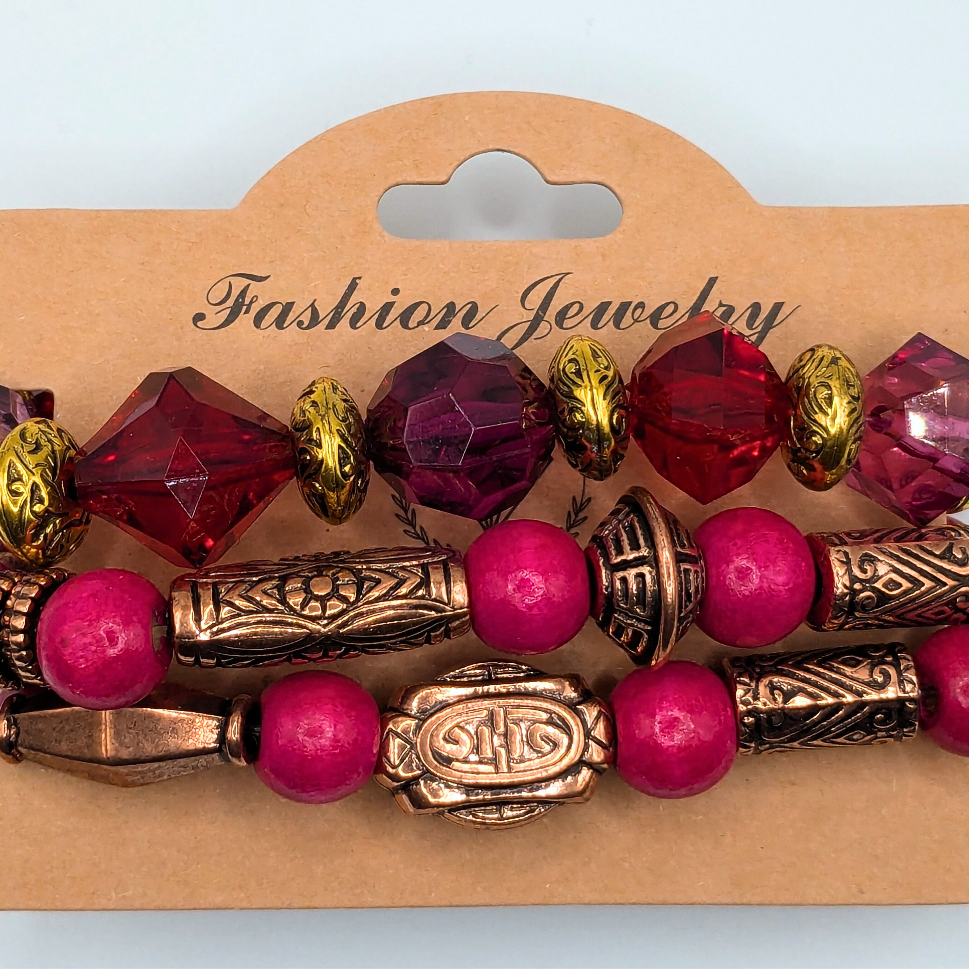 Hot Pink Beaded Bracelets for Women Jewelry Boho Beaded 3 Stacked Set image 0