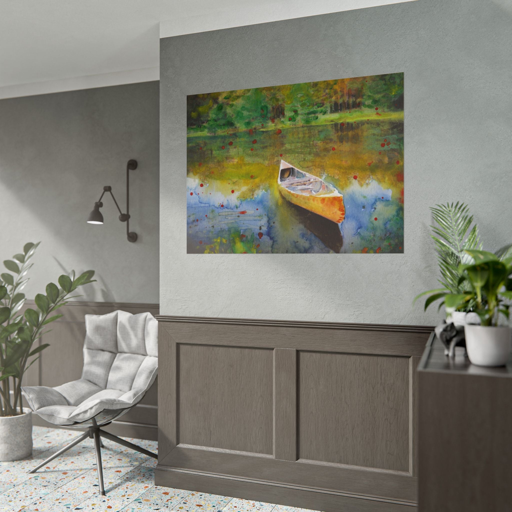 Lake Boat Watercolor Art Print, Peaceful Nature Wall Art, Rustic Cabin Decor, Serene Lake Landscape Poster, Cottagecore Artwork