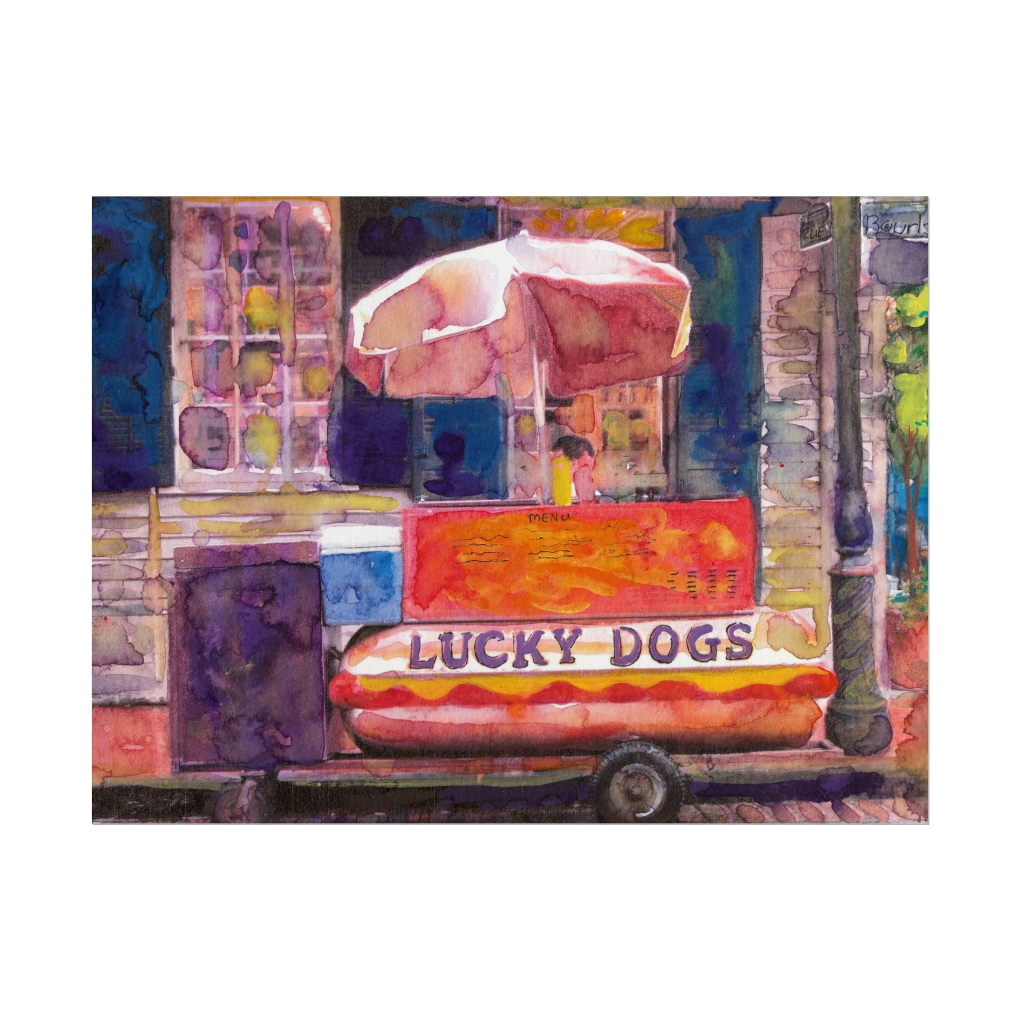 Lucky Dog Hot Dog Stand Watercolor Poster, Urban Street Food Art, City Corner Wall Decor, Food Lover Gift, Kitchen Art Print