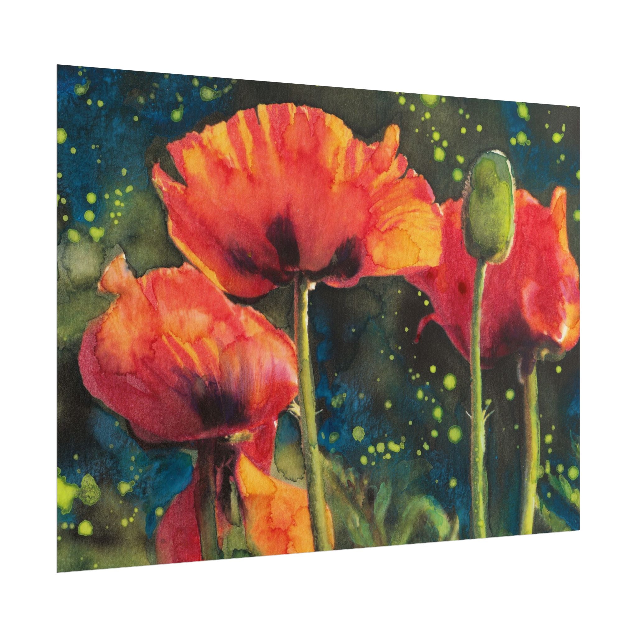 Red Poppies at Night Watercolor Poster, Poppy Flower Wall Art, Moonlit Garden Print, Dramatic Floral Art, Botanical Nature Decor