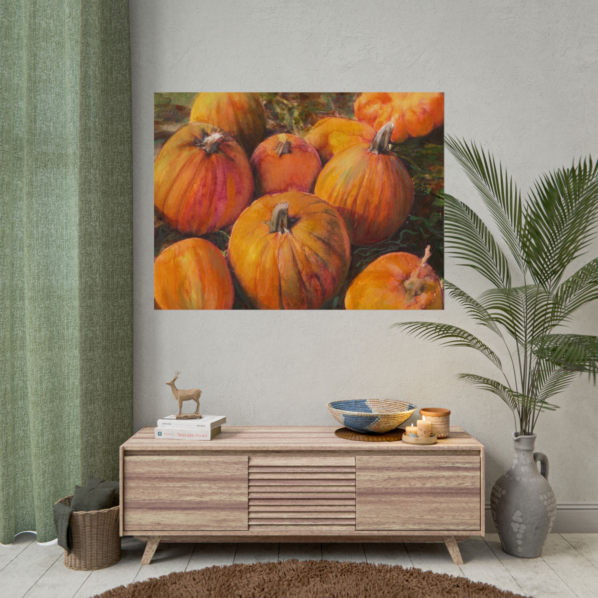 Pumpkin Patch Watercolor Poster, Autumn Pumpkin Wall Art, Fall Harvest Print, Orange Pumpkin Farmhouse Decor, Thanksgiving Wall Art