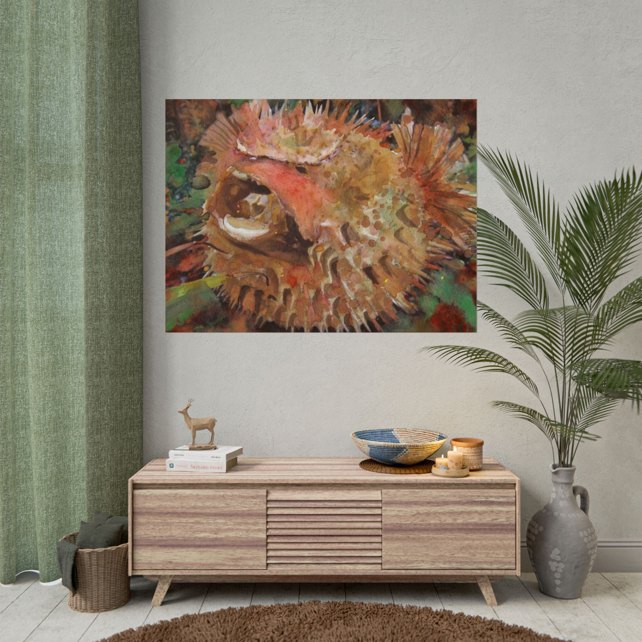 Abstract Puffer Fish Wall Art, Watercolor Pufferfish Poster, Colorful Ocean Art Print, Contemporary Fish Wall Decor, Coastal Artwork