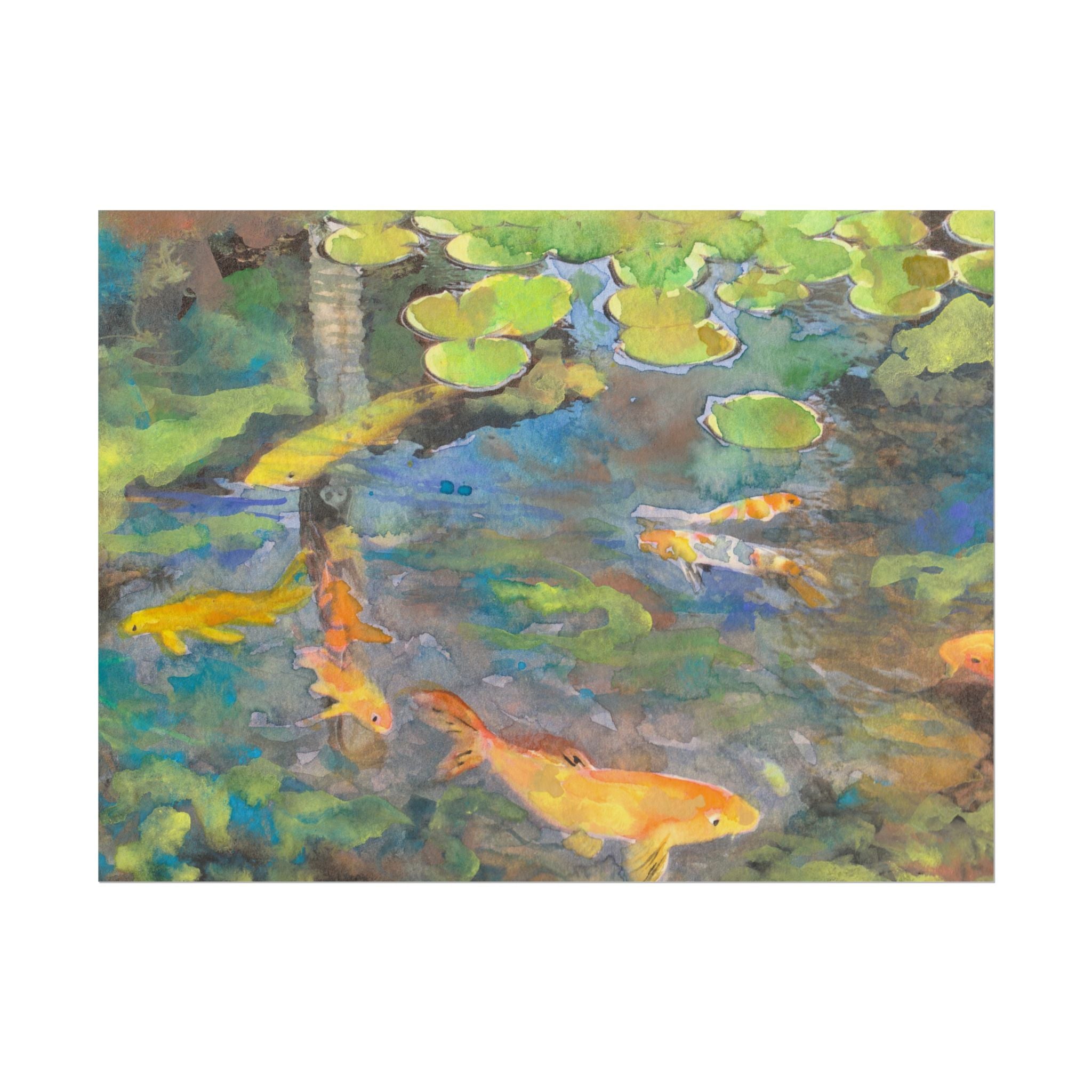 Koi Fish Pond Watercolor Art Print, Orange Koi & Lily Pad Wall Art, Japanese Inspired Fish Poster, Blue Green Nature Artwork