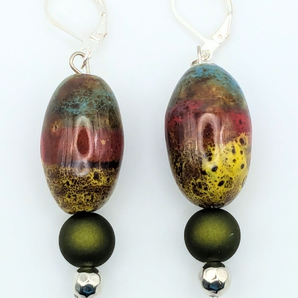Green and Yellow Ceramic Dangle Earrings image 0