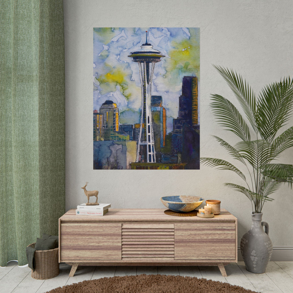 Seattle Space Needle Watercolor Poster, Seattle Wall Art, Pacific Northwest Cityscape Print, Stormy Seattle Skyline Art, Travel Gift