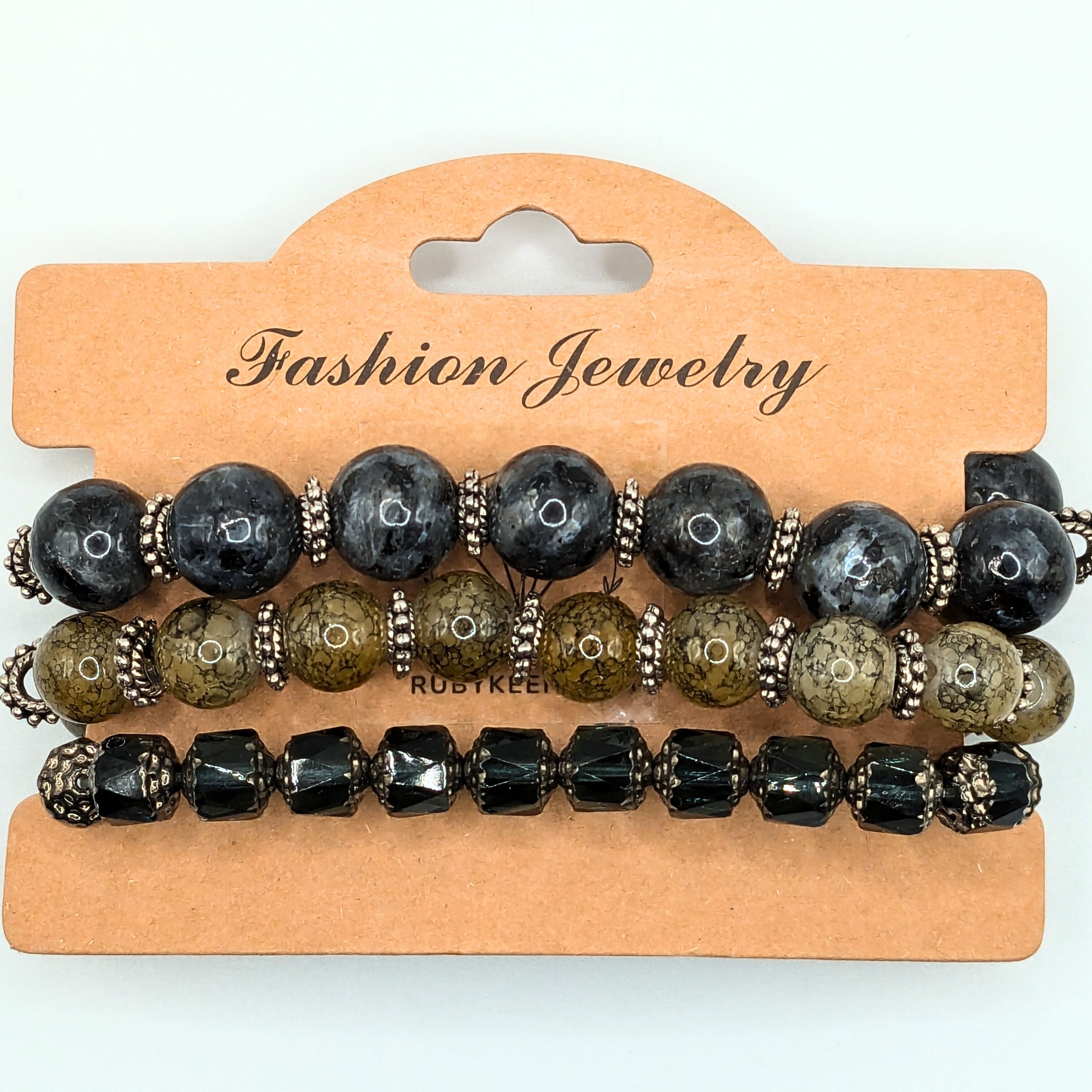 Grey Mix Beaded Bracelets for Women Jewelry Boho Beaded 3 Stacked Set image 2