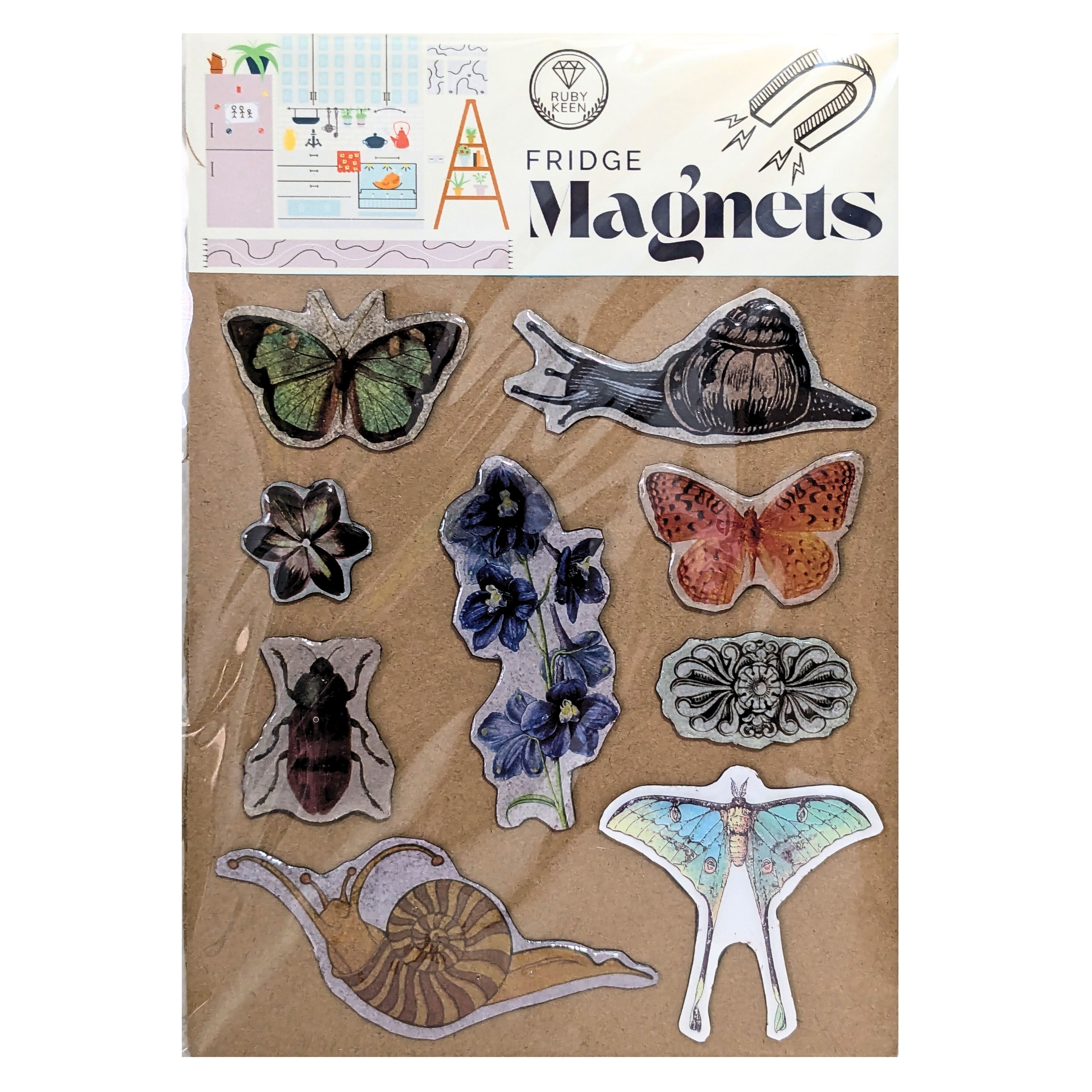 Handmade Nature Fridge Magnets, Flowers, Birds, Butterflies, Woodland Cottage image 0