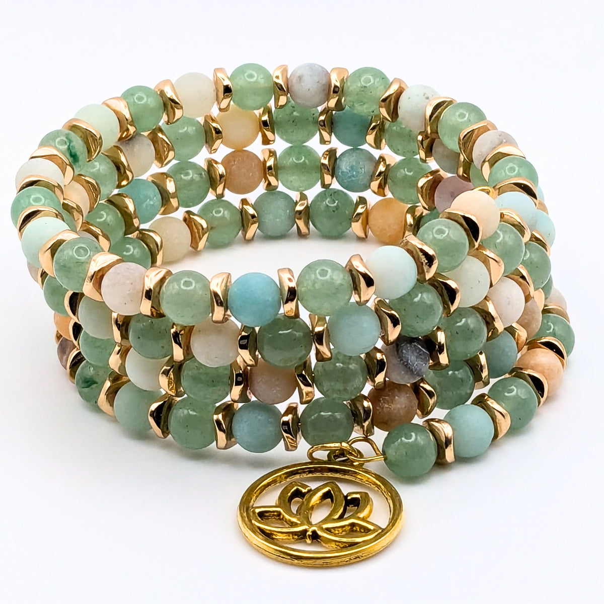 Natural Amazonite Gemstone Bracelet, 4 Layer Memory Wire Wrap Cuff, Peach and Green Stone Beads, Gold Wavy Disks and Lotus Charm