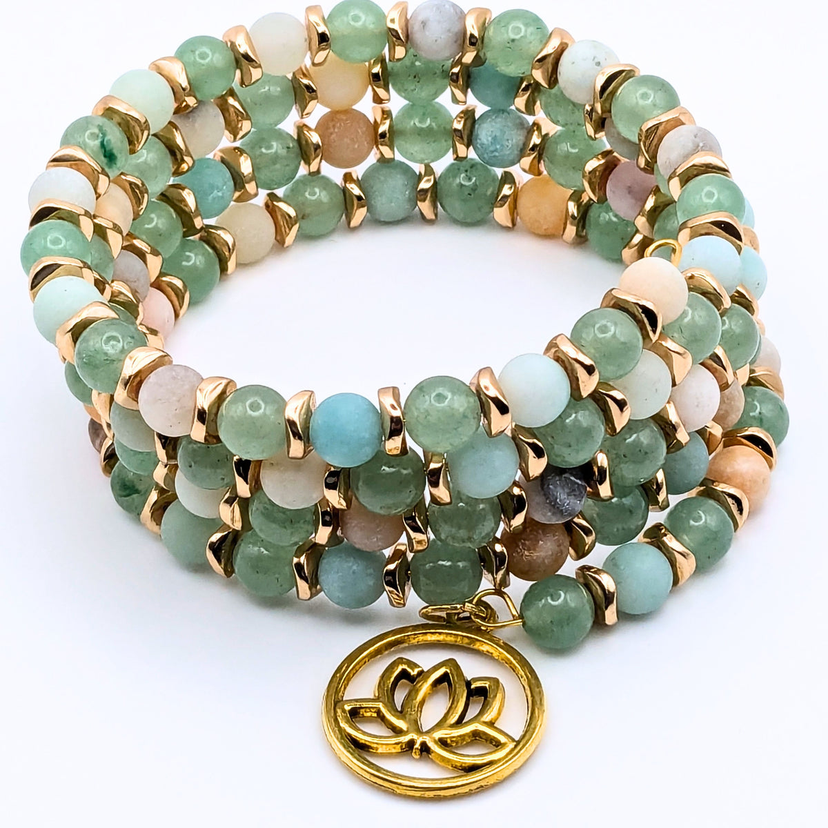 Natural Amazonite Gemstone Bracelet, 4 Layer Memory Wire Wrap Cuff, Peach and Green Stone Beads, Gold Wavy Disks and Lotus Charm