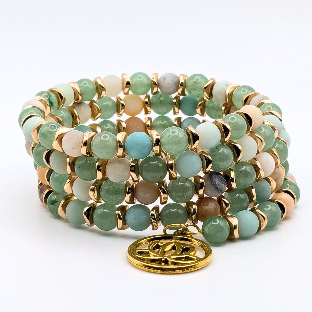 Natural Amazonite Gemstone Bracelet, 4 Layer Memory Wire Wrap Cuff, Peach and Green Stone Beads, Gold Wavy Disks and Lotus Charm