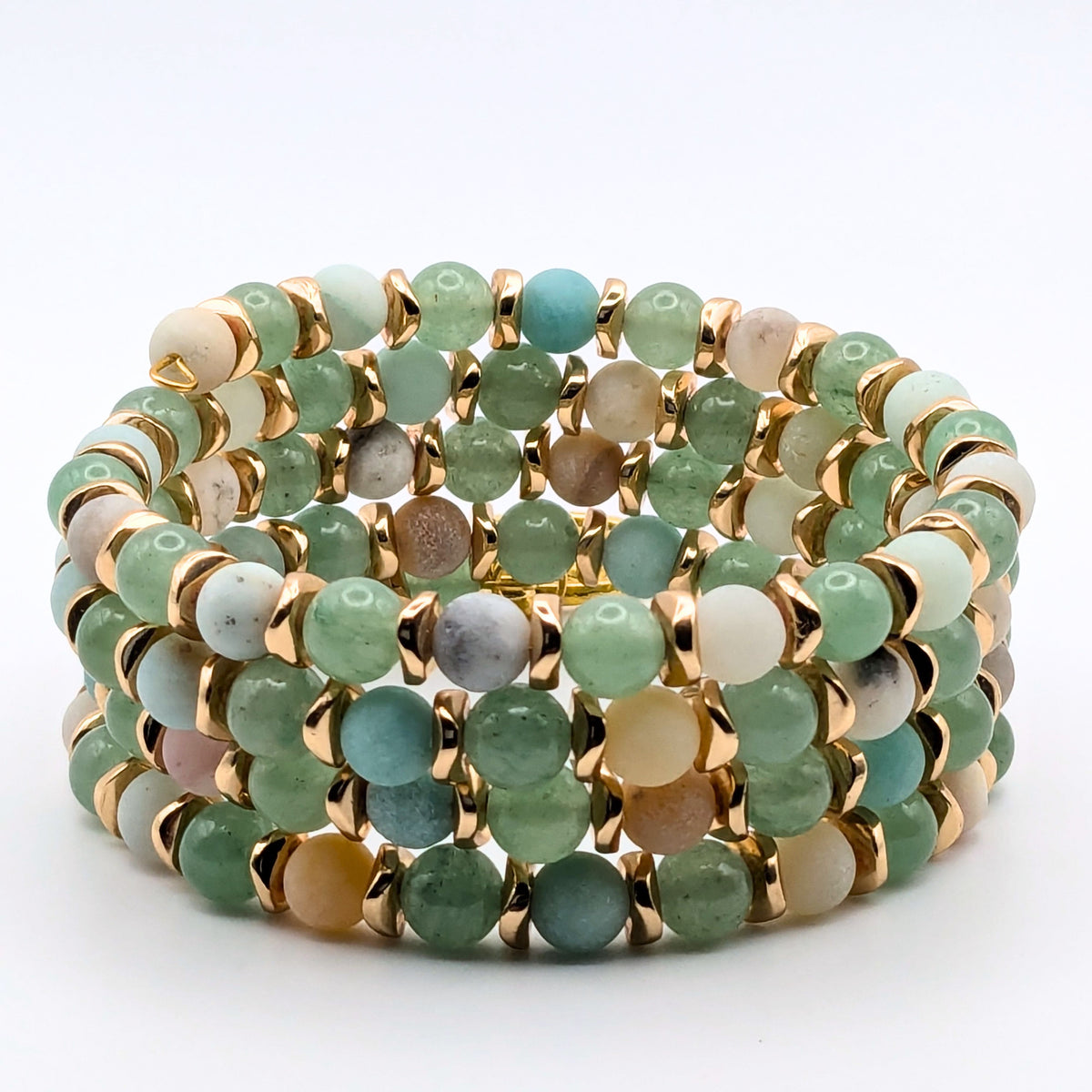 Natural Amazonite Gemstone Bracelet, 4 Layer Memory Wire Wrap Cuff, Peach and Green Stone Beads, Gold Wavy Disks and Lotus Charm