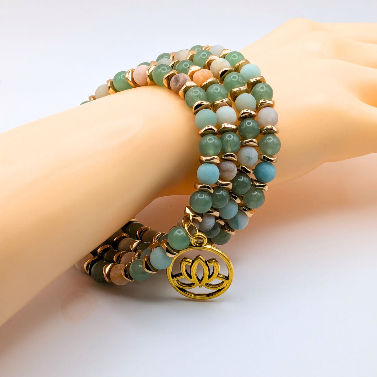 Natural Amazonite Gemstone Bracelet, 4 Layer Memory Wire Wrap Cuff, Peach and Green Stone Beads, Gold Wavy Disks and Lotus Charm