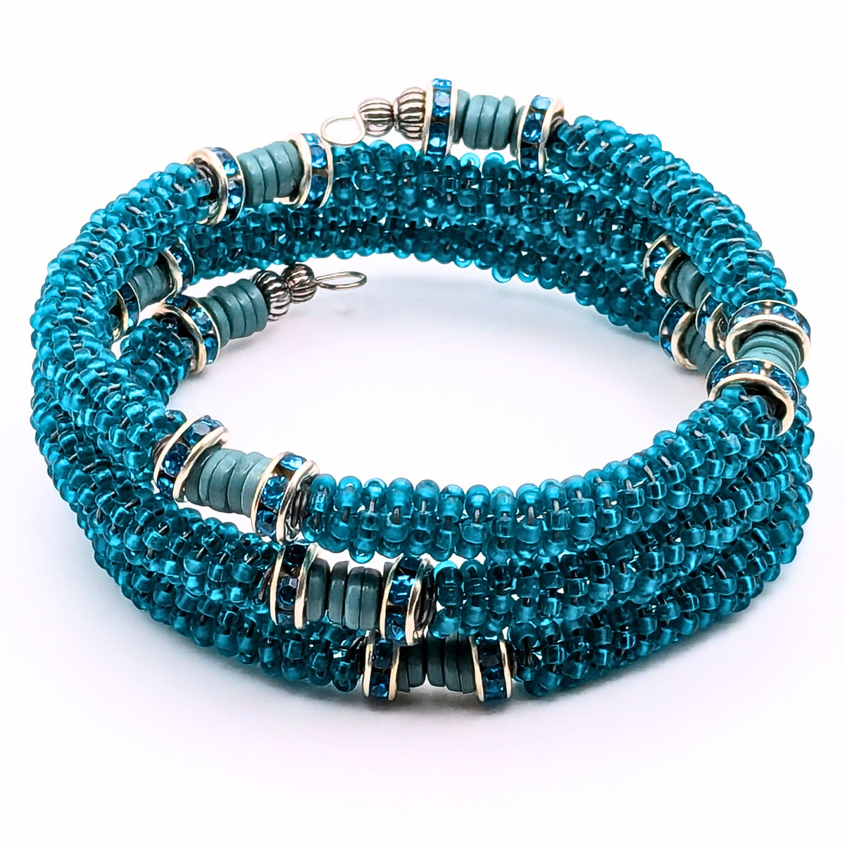 Teal Blue Woven Seed Bead 3-Layer Memory Wire Wrap Bracelet