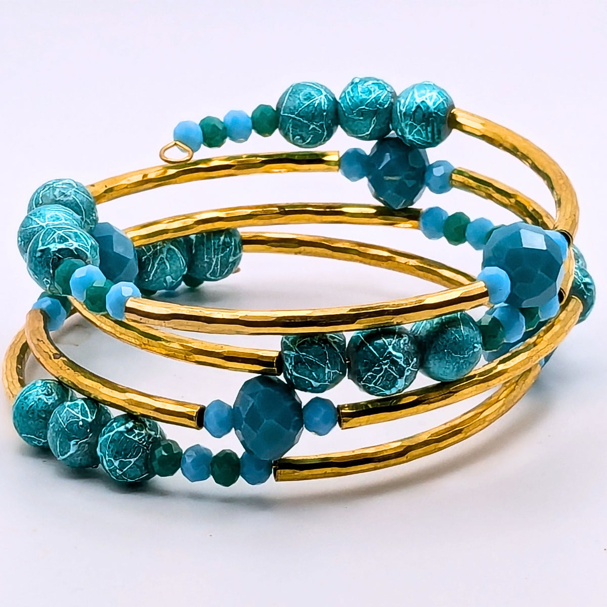 Light Blue and Gold Wrap Bracelet, 4 Layer Memory Wire Cuff, Textured Blue Beads and Gold Tone Tube Beads, Elegant Beaded Jewelry
