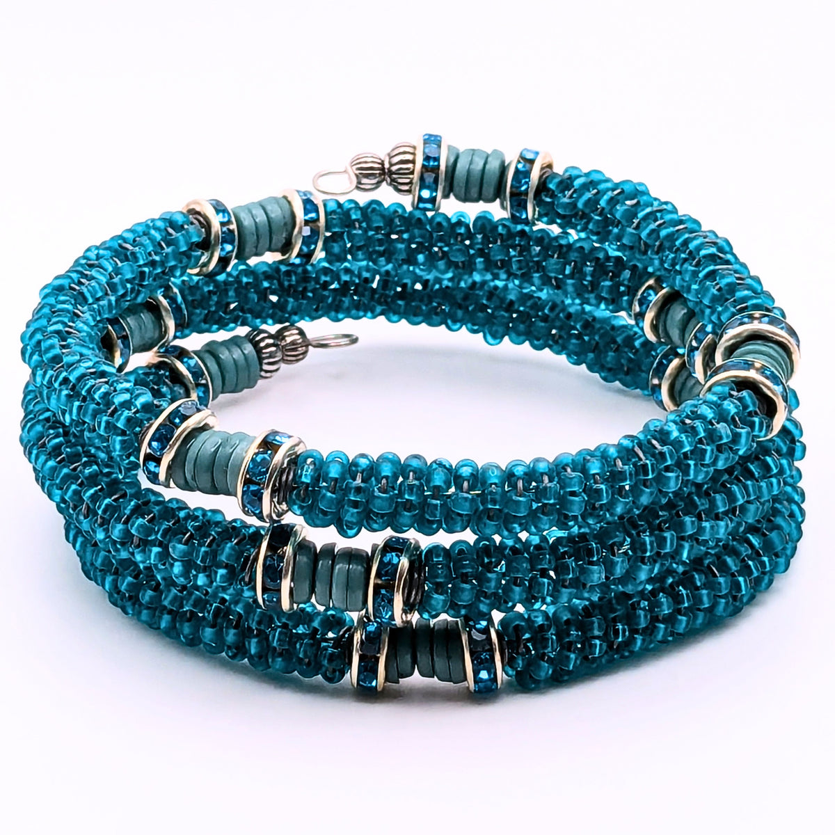 Teal Blue Woven Seed Bead 3-Layer Memory Wire Wrap Bracelet
