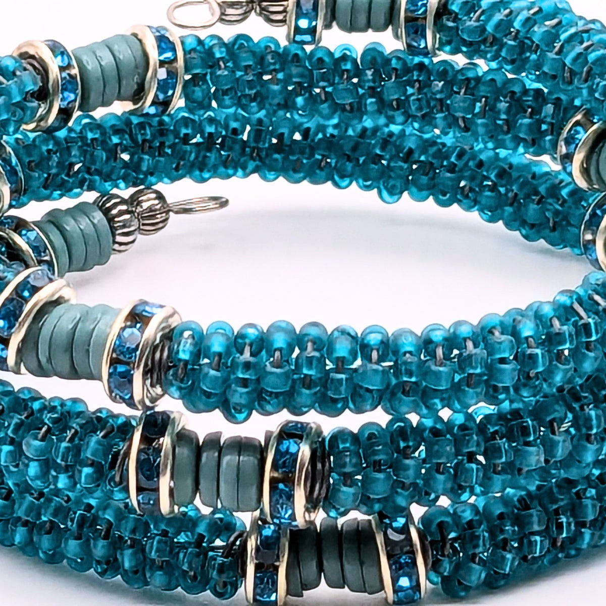 Teal Blue Woven Seed Bead 3-Layer Memory Wire Wrap Bracelet