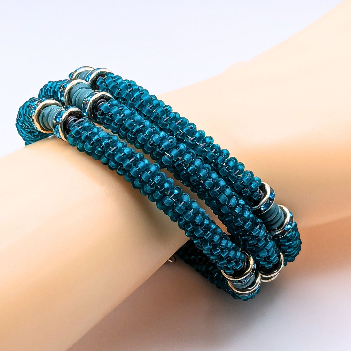 Teal Blue Woven Seed Bead 3-Layer Memory Wire Wrap Bracelet
