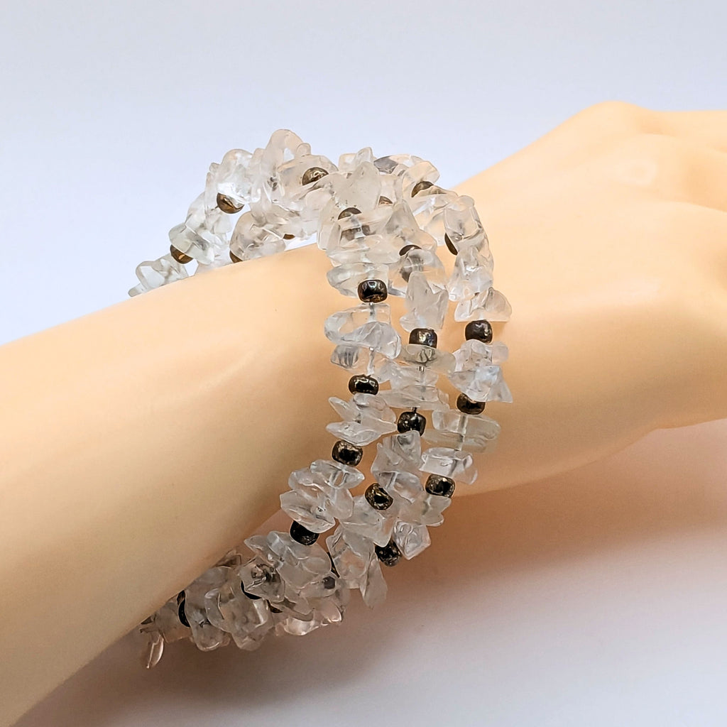 Clear Quartz Gemstone Chip Bead 3-Layer Memory Wire Wrap Bracelet