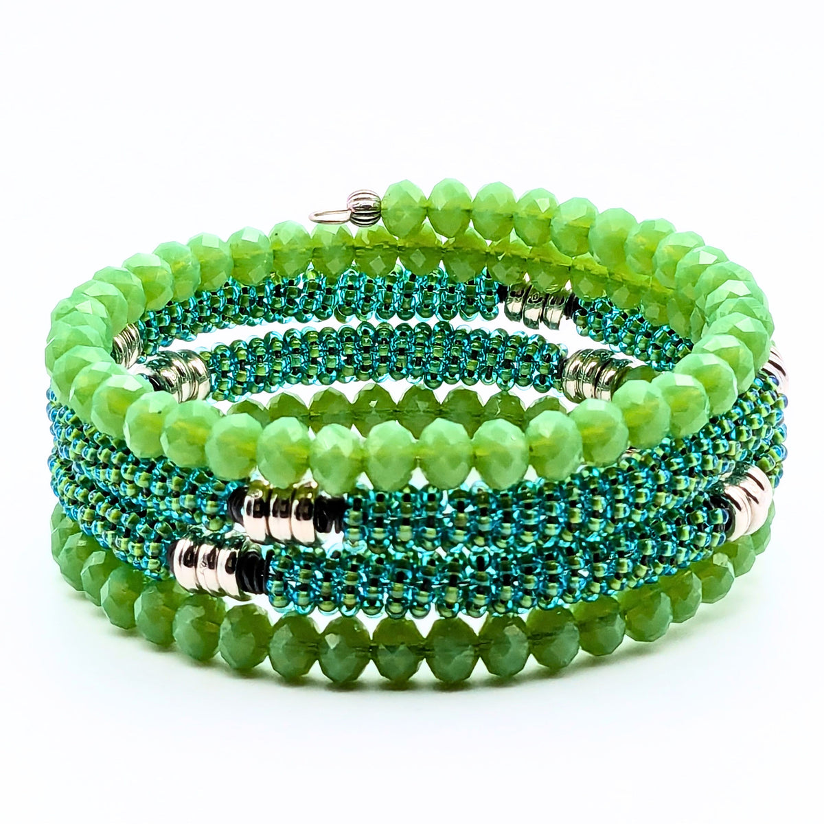 Seafoam Green Woven Seed Bead 4-Layer Memory Wire Cuff Bracelet