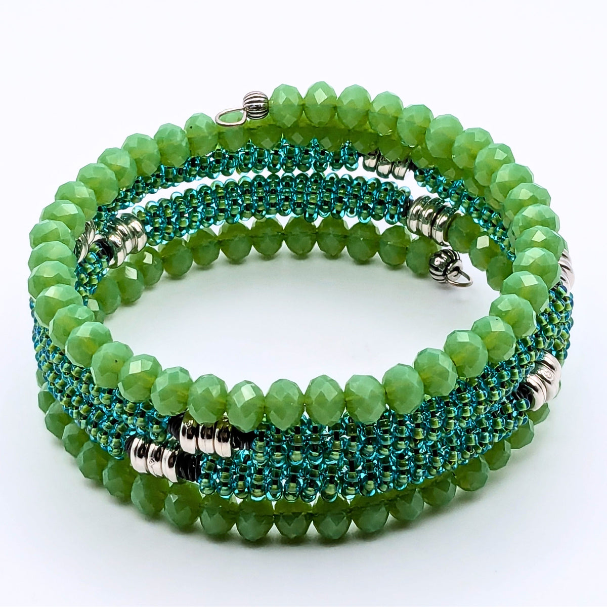 Seafoam Green Woven Seed Bead 4-Layer Memory Wire Cuff Bracelet