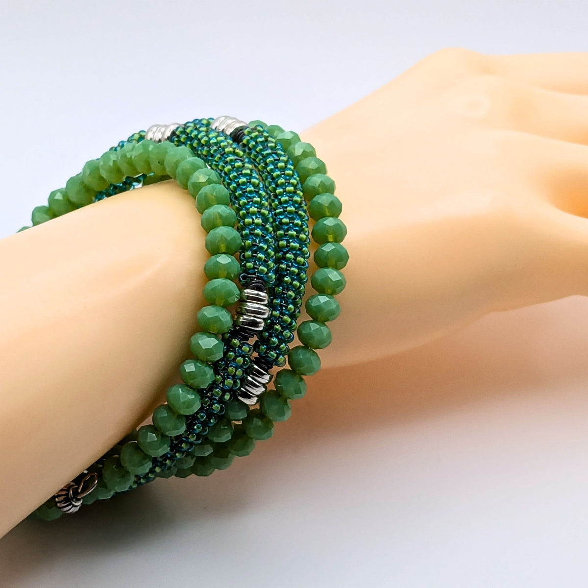 Seafoam Green Woven Seed Bead 4-Layer Memory Wire Cuff Bracelet