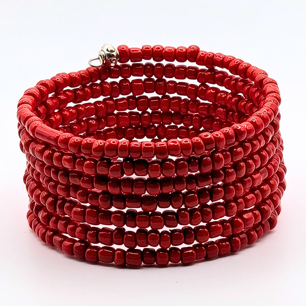 Red Seed Bead Bracelet, 7 Layer Memory Wire Wrap Cuff, Solid Red Beaded Jewelry with Silver Accents, Bold Red Statement Bracelet