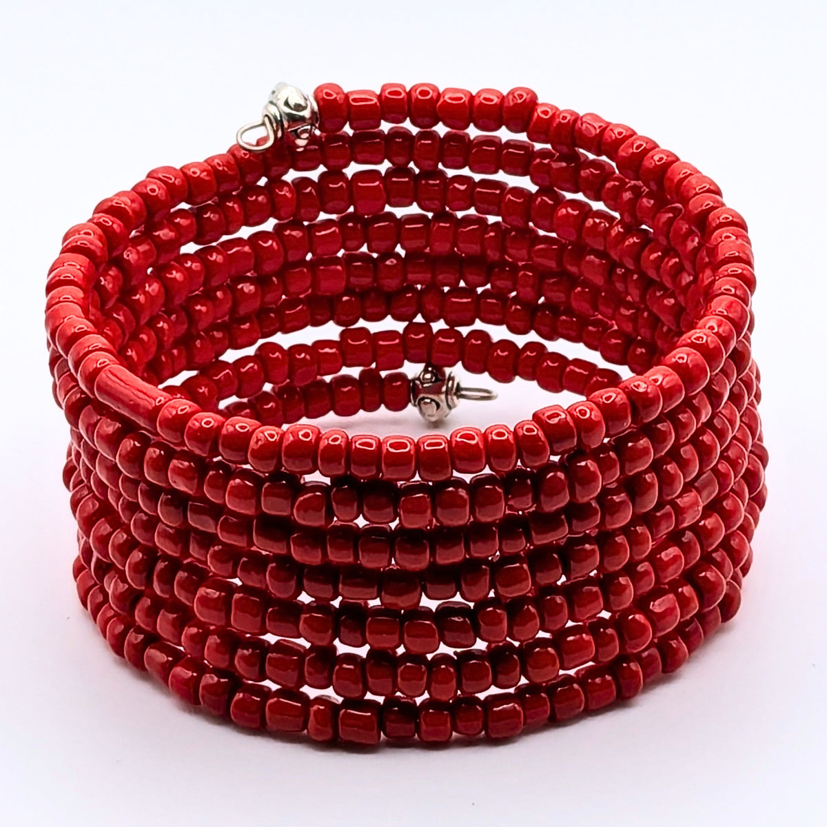 Red Seed Bead Bracelet, 7 Layer Memory Wire Wrap Cuff, Solid Red Beaded Jewelry with Silver Accents, Bold Red Statement Bracelet