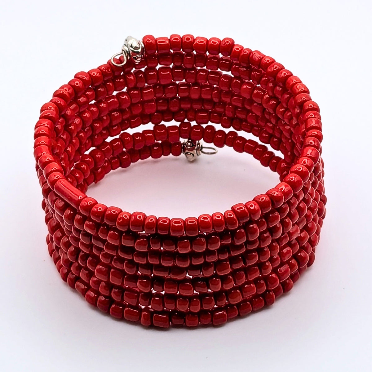 Red Seed Bead Bracelet, 7 Layer Memory Wire Wrap Cuff, Solid Red Beaded Jewelry with Silver Accents, Bold Red Statement Bracelet