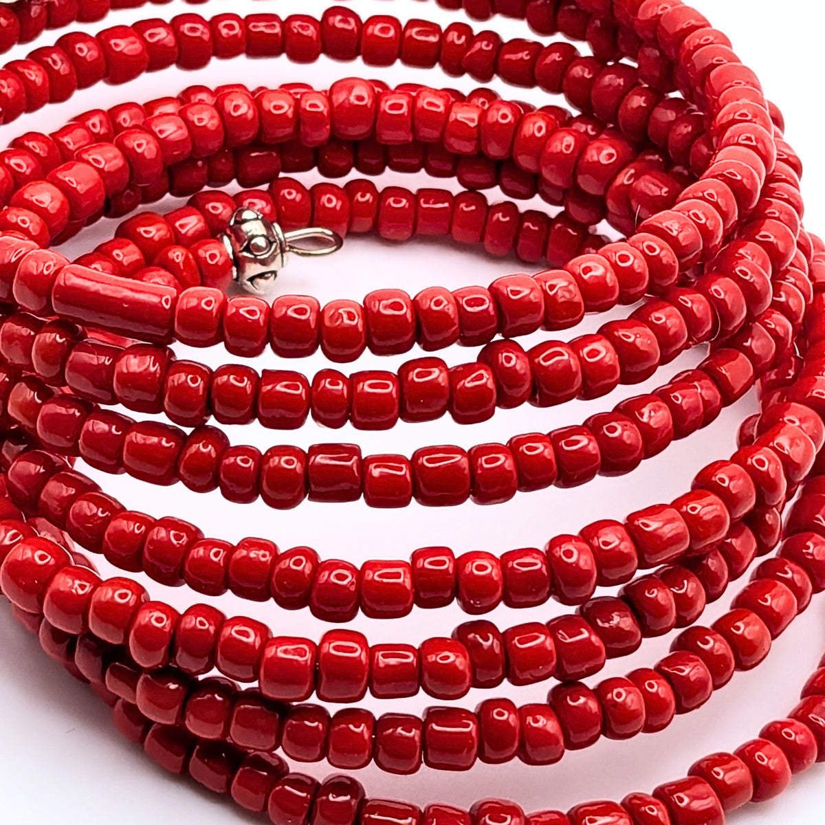Red Seed Bead Bracelet, 7 Layer Memory Wire Wrap Cuff, Solid Red Beaded Jewelry with Silver Accents, Bold Red Statement Bracelet