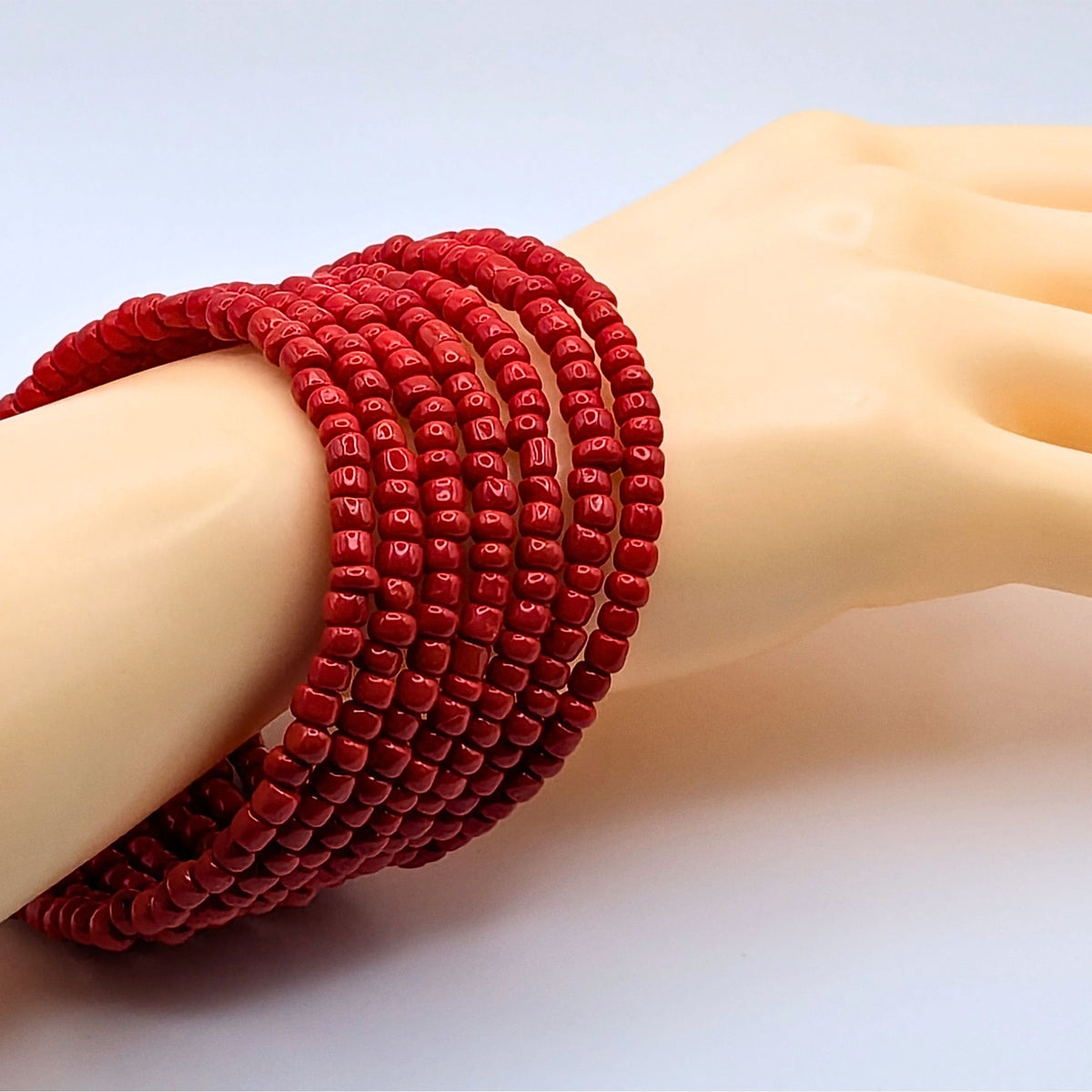 Red Seed Bead Bracelet, 7 Layer Memory Wire Wrap Cuff, Solid Red Beaded Jewelry with Silver Accents, Bold Red Statement Bracelet