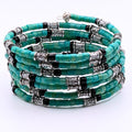Teal and Black 7-Layer Memory Wire Wrap Bracelet with Silver Accents