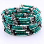 Teal and Black 7-Layer Memory Wire Wrap Bracelet with Silver Accents