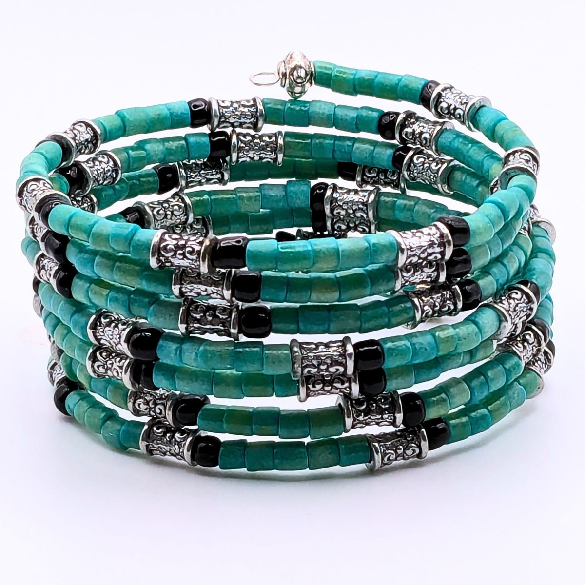 Teal and Black 7-Layer Memory Wire Wrap Bracelet with Silver Accents