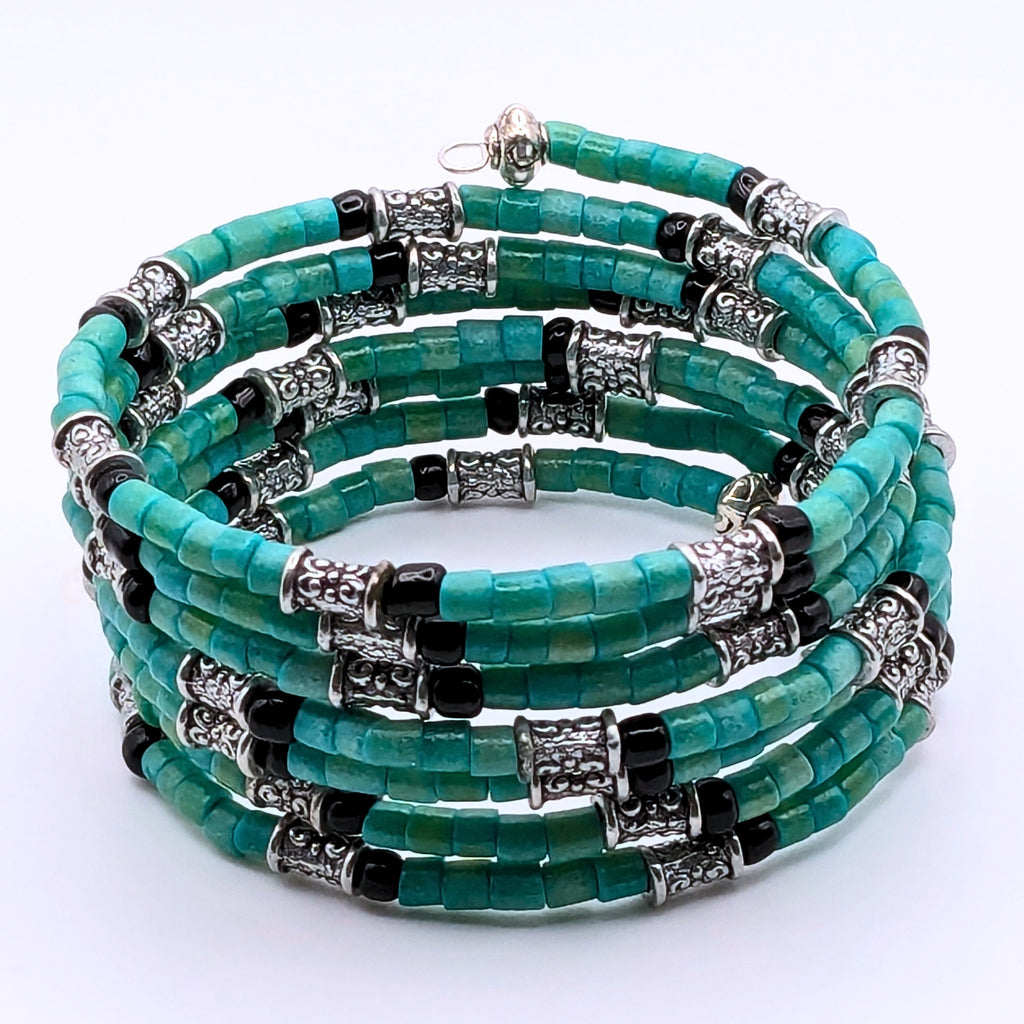 Teal and Black 7-Layer Memory Wire Wrap Bracelet with Silver Accents