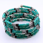 Teal and Black 7-Layer Memory Wire Wrap Bracelet with Silver Accents