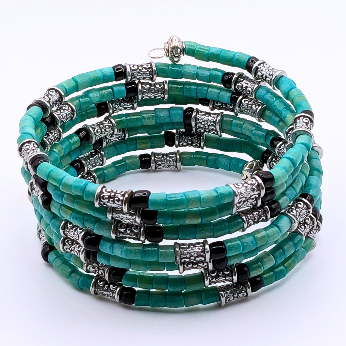 Teal and Black 7-Layer Memory Wire Wrap Bracelet with Silver Accents