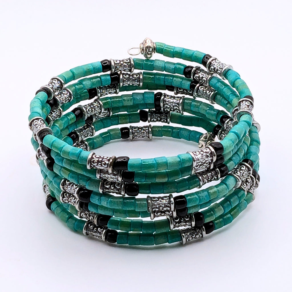 Teal and Black 7-Layer Memory Wire Wrap Bracelet with Silver Accents