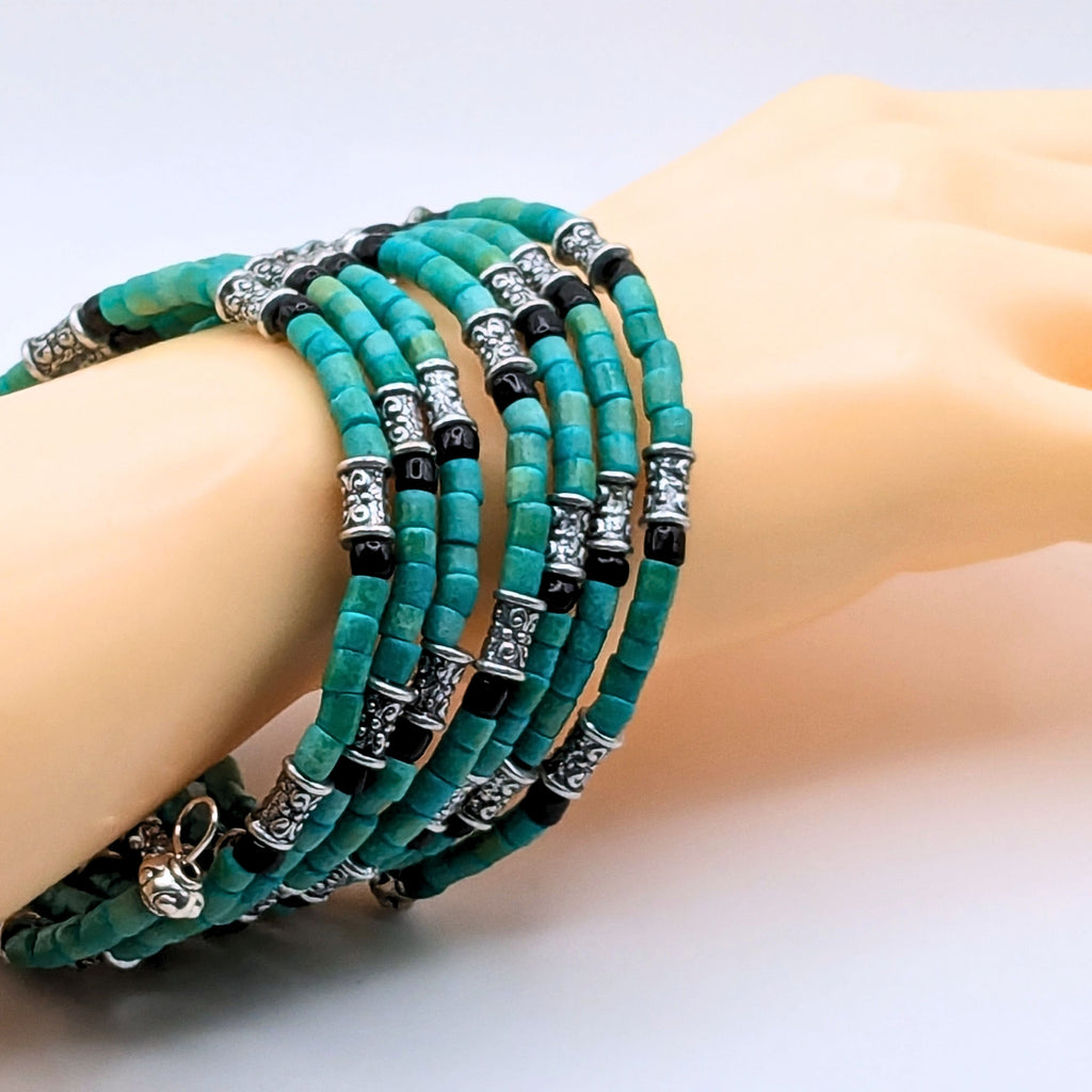 Teal and Black 7-Layer Memory Wire Wrap Bracelet with Silver Accents