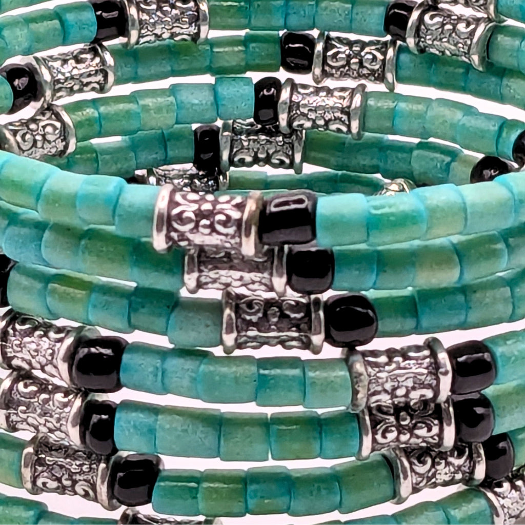Teal and Black 7-Layer Memory Wire Wrap Bracelet with Silver Accents