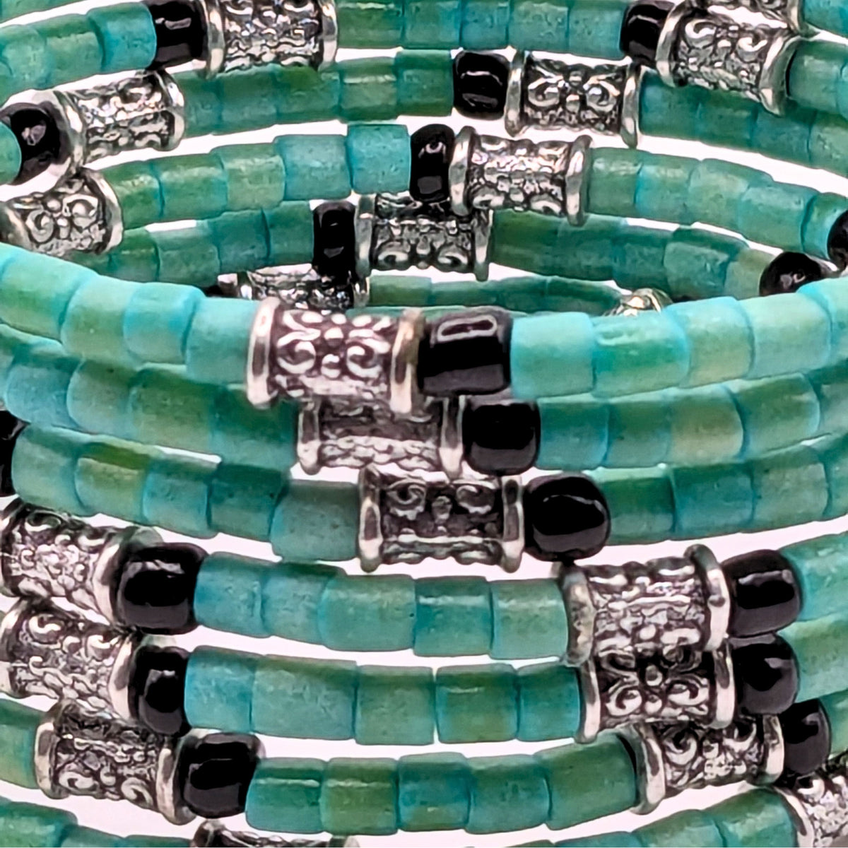 Teal and Black 7-Layer Memory Wire Wrap Bracelet with Silver Accents