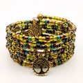 Earth Tone Tree of Life Memory Wire Wrap Bracelet – 7-Layer Beaded Bracelet with Gold-Tone Charms