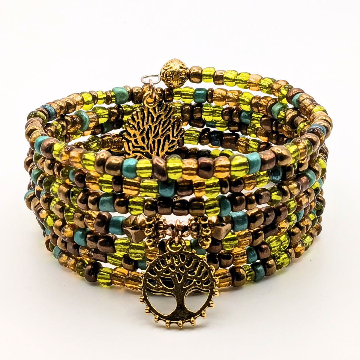 Earth Tone Tree of Life Memory Wire Wrap Bracelet – 7-Layer Beaded Bracelet with Gold-Tone Charms